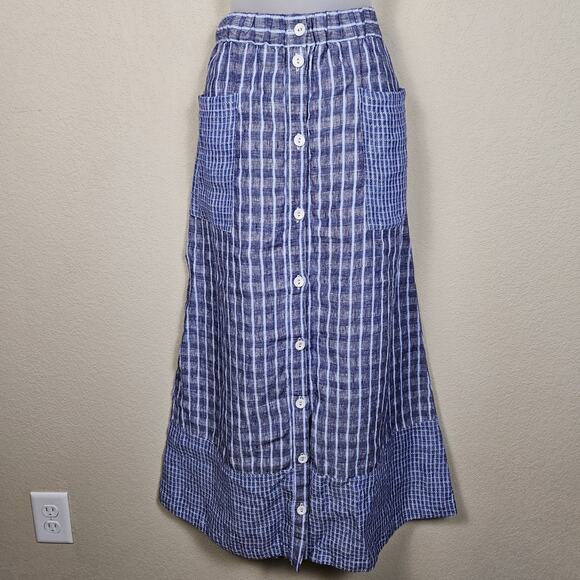 Poetry Womens Linen Maxi Skirt Blue Cottagecore Prairie Pockets Plaid A-Line 8 - Picture 1 of 16